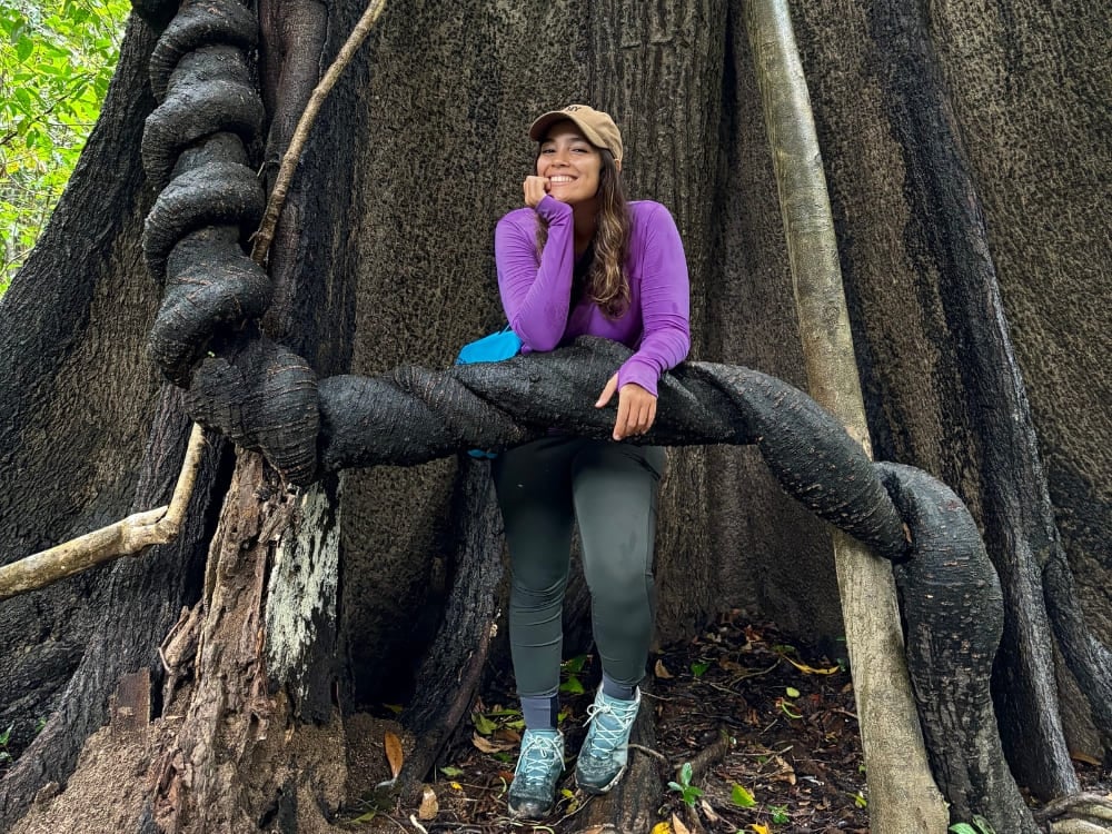 Mariana rust uit op een gigantische kronkelende boomwortel terwijl ze het dichte groen van de Amazonejungle verkent. Mariana rust uit op een gigantische kronkelende boomwortel terwijl ze het dichte groen van de Amazonejungle verkent.